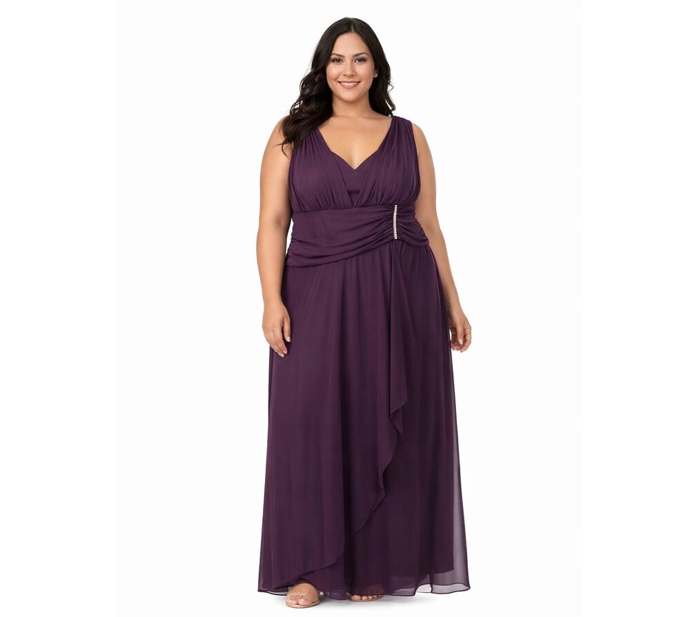 Betsy & Adam 2000s NWT Plum Chiffon Evening Gown Size 22W Rhinestone Detail
